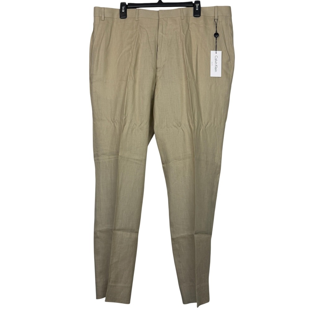 NEW Calvin Klein Mens 40x32 100% Linen Slim Fit Dress Trousers Pants‎ Tan $125